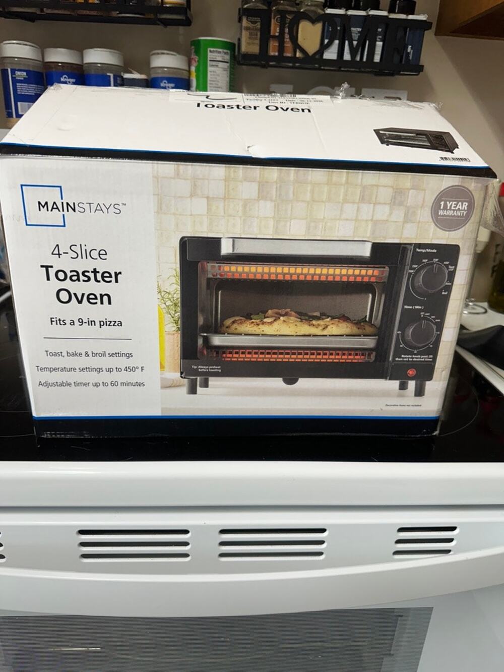 Mainstays 4-Slice Black Toaster Oven 9" Pizza Toast Bake Broil 450°F New